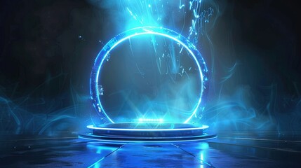 Portal of Wonders Blue Hologram Magic Circle in Futuristic Teleport Podium