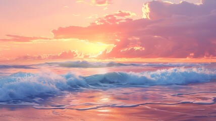  Gentle waves serenade the sandy coast as the sun bids farewell, painting the sky with hues of orange and pink. 
 - obrazy, fototapety, plakaty