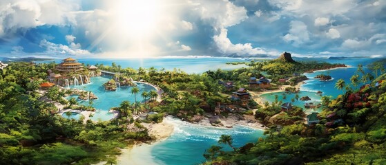 Aerial Panoramic perspective unveils a cluster of islands amid an expansive ocean, featuring majestic mountains under a cloudy sky.