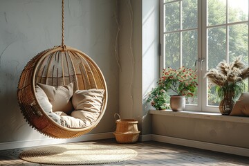 swing chair in room interior copy space for text --ar 3:2 --stylize 750 Job ID: af5a860c-83e3-448e-a0df-f329e6927f85