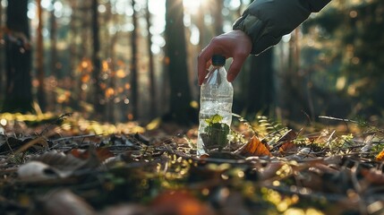 Close-up of a hand picking up a glass bottle in a forest