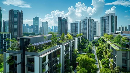 Urban skyline with green rooftops and solar panels