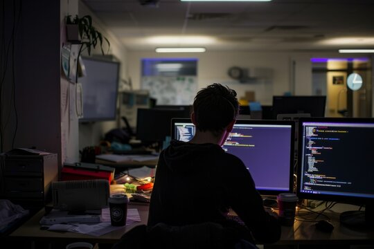 Professional Photography of a lone programmer coding late into the night, surrounded by dimly lit monitors and coffee cups, Generative AI