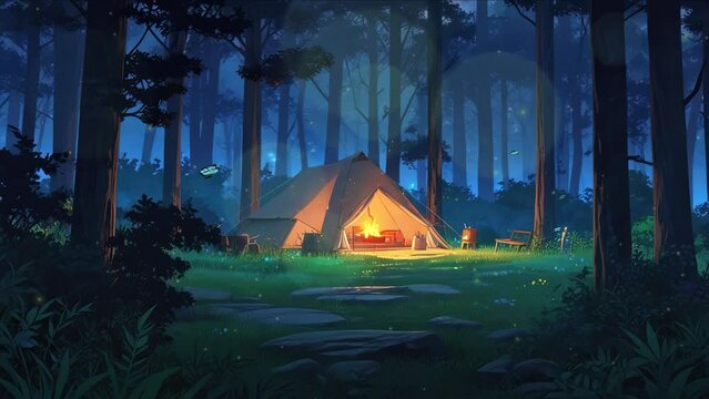 Nighttime mountain campsite with a blazing bonfire, a snug tent, and a backdrop of starry skies, rendered in an anime art style.