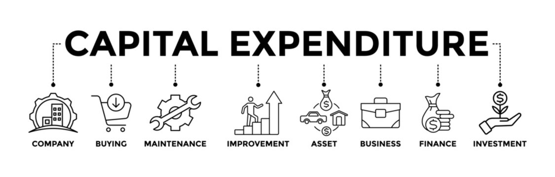 Capital expenditure banner icons set with black outline icon of company, buying, maintenance, improvement, asset, business, finance, investment 