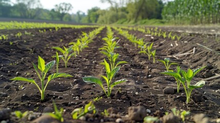 Fototapeta premium Seedlings Planted in the Field Captured Up Close