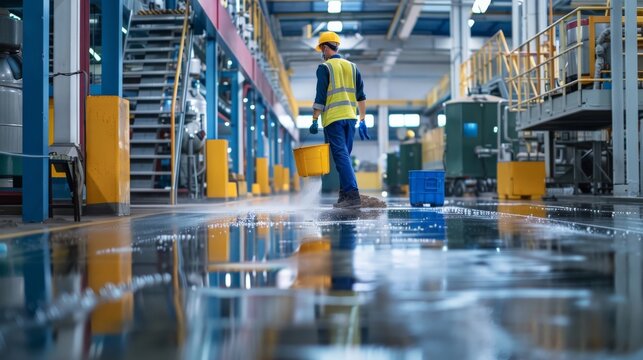 Sanitation worker cleaning and disinfecting factory floors