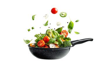 Vegetables fall into a black frying pan on a transparent background. Healthy food concept	
