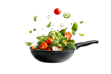 Vegetables fall into a black frying pan on a transparent background. Healthy food concept	

