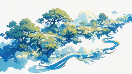 A whimsical cartoon stream peacefully flowing set against a white backdrop
