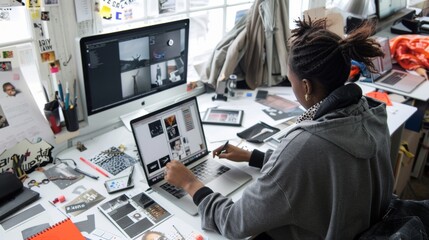 A designers studio is a hive of activity with laptop screens and drawing tablets littering the workspace. In the center of the chaos the designer sits calmly at their desk expertly . - obrazy, fototapety, plakaty
