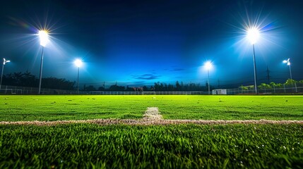 Soccer stadium lights illuminating the green field at night