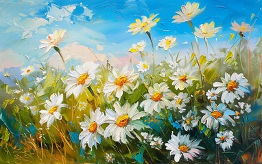 Oil painting landscape - very beautiful daisy meadow