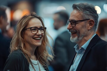 Fototapeta premium a post-fair gathering as people wearing business casual attire share smiles and laughter while conversing at an exhibition booth. Captured candidly with a wide-angle lens.