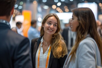 a post-fair gathering as people wearing business casual attire share smiles and laughter while conversing at an exhibition booth. Captured candidly with a wide-angle lens.