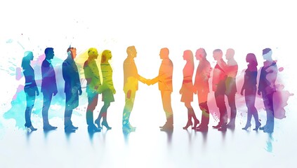 A group of business people shaking hands, with colorful silhouettes against a white background