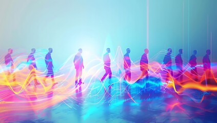  A group of people walking in the same direction, surrounded by colorful light trails and sound waves on a blue background
