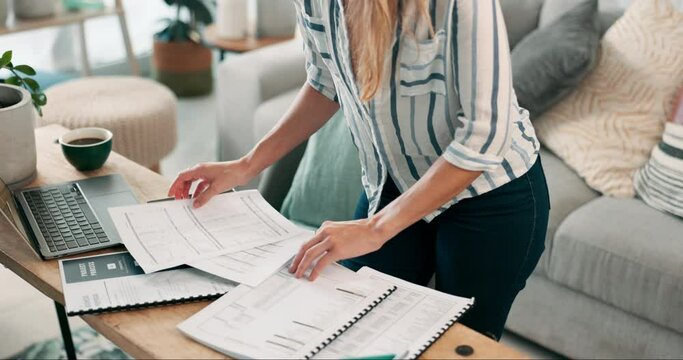 Paperwork, hands and stock investment profile with document and research of investing with remote work. Person, search and planning with financial notes for project with freelancer in home office
