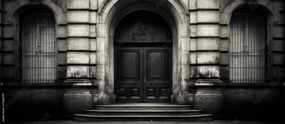 Poster Monochrome image of a building with a wooden door and staircase