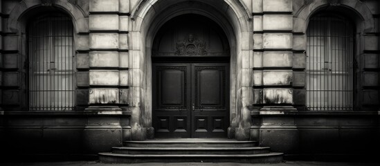 Monochrome image of a building with a wooden door and staircase