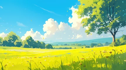 Fototapete Illustration of a serene natural landscape featuring a lush meadow in the background © AkuAku