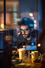 Fototapeta premium Professional Photography of a night owl entrepreneur burning the midnight oil in a home office, working tirelessly to bring their business vision,, Generative AI