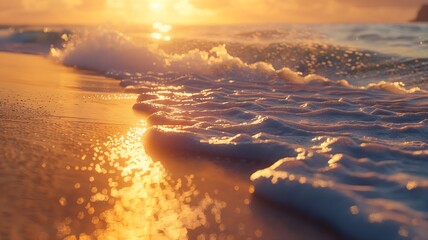  The gentle ebb and flow of waves create a symphony of serenity against a backdrop of a glowing sunset. 
