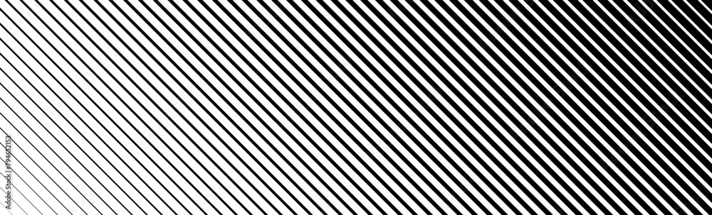 Poster Oblique line halftone gradient texture. Fading diagonal stripe gradation background. Slanted pattern backdrop. Thin to thick stripe vanish backdrop for overlay, print, cover. Vector wide background