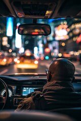 Fototapeta premium Professional Photography of a taxi driver navigating city streets during the late hours, providing transportation for passengers on the move, Generative AI