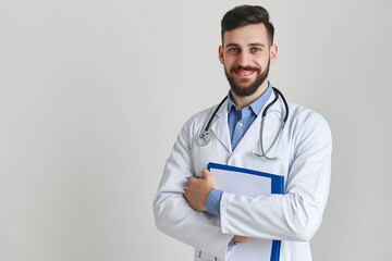 Man doctor in white coat with stethoscope and folder for notes and patient records smile and good test results on white isolated background, copy space, space for text