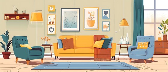  Modern interior in yellow and blue tones, sofa with armchairs, coffee table, carpet on the floor, wall paintings, lamps