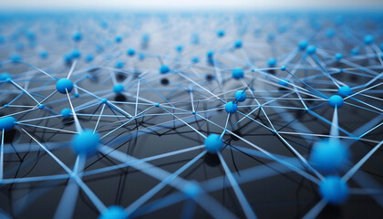 Bright blue dots and lines intertwine over a slate grey background, symbolizing complex networks.