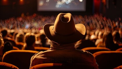 Man in cowboy hat watching a movie - A back view of a person wearing a cowboy hat, engrossed in watching a film in a theater