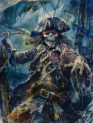 Eerie undead pirate in watercolor - A haunting watercolor depiction of a zombified pirate holding a hook, set against a backdrop of dark waters and ship sails