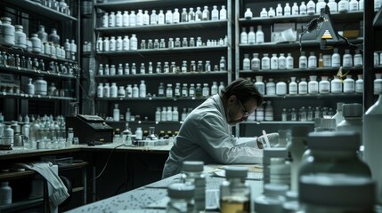The final portrait shows a forensic chemist working in a laboratory mixing and yzing substances with precision. The shelves behind them are filled with bottles and containers of different . - obrazy, fototapety, plakaty