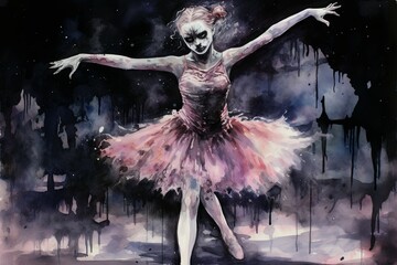 Zombie ballerina against a backdrop of cosmic wonder - A mystical image mingling the art of dance with the cosmos, featuring a ballerina against a painterly celestial backdrop