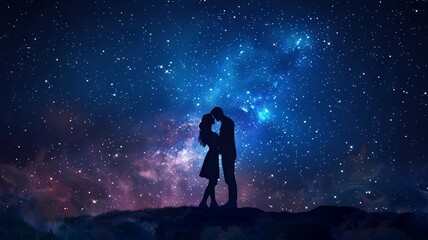 Fototapeta premium Couple kissing under cosmic skies - An image of lovers sharing a kiss under a beautifully cosmic backdrop with vivid tones and stars