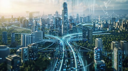 Naklejka premium Smart city skyscraper view, technology icons, internet of things, with smart services networks background concept. Neon light speed access 5G internet symbol.