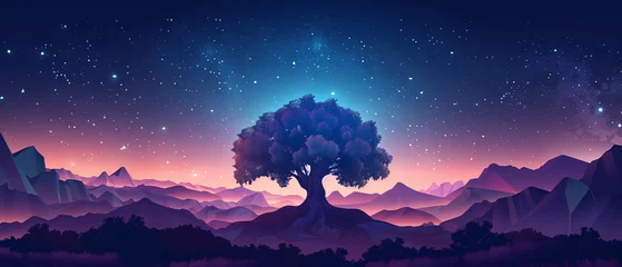 Foto op Canvas night sky in mountains with a big tree in the middle © AhmadSoleh