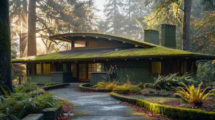 Frontal shot of a mossy green craftsman cottage with a concave roof, in the bright early morning light,