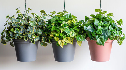 Three beautifully arranged house plants hanging in their pots, with just the right distance between them, creating a visually appealing display that enhances any room