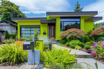 Full front view of a classic house in bright chartreuse, with an avant-garde garden and a sleek, modern mailbox.