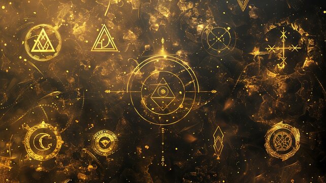 Mystical golden symbols on dark background - This image features an array of mystical and occult symbols glowing in gold against a cosmic-like dark background, evoking a sense of mystery and magic