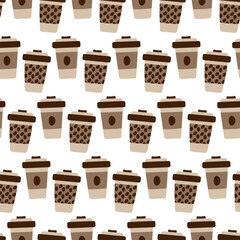 Disposable cups with lid, patterned holder and coffee beans Seamless pattern Background concept idea