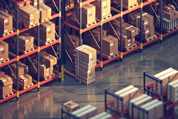 A large warehouse with shelves stacked high with numerous boxes of varying sizes. Generative AI