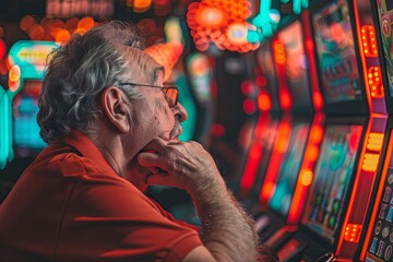 Fototapeta premium A man sitting at a slot machine, pressing buttons and watching the reels spin in a bustling casino environment. Generative AI