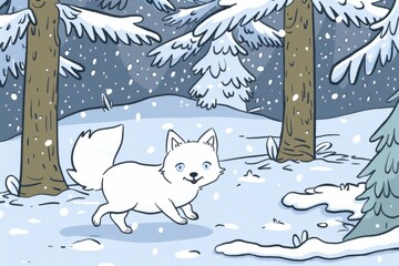Cartoon cute doodles of a curious arctic fox exploring a frost-covered forest in search of food, Generative AI
