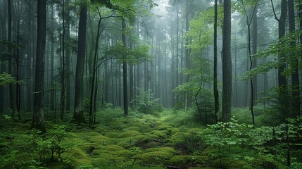 Fototapeta premium A dense forest shrouded in fog evokes an ethereal and mysterious atmosphere. Fantasy landscape. Generative AI