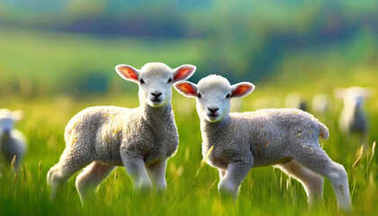 Two lambs grazing in a meadow with a blurred background of a field.