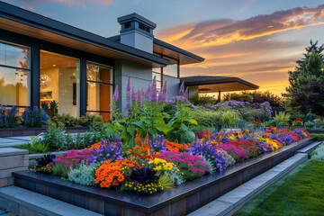 Modern home architecturally stunning with vibrant flower beds and sunset hues.